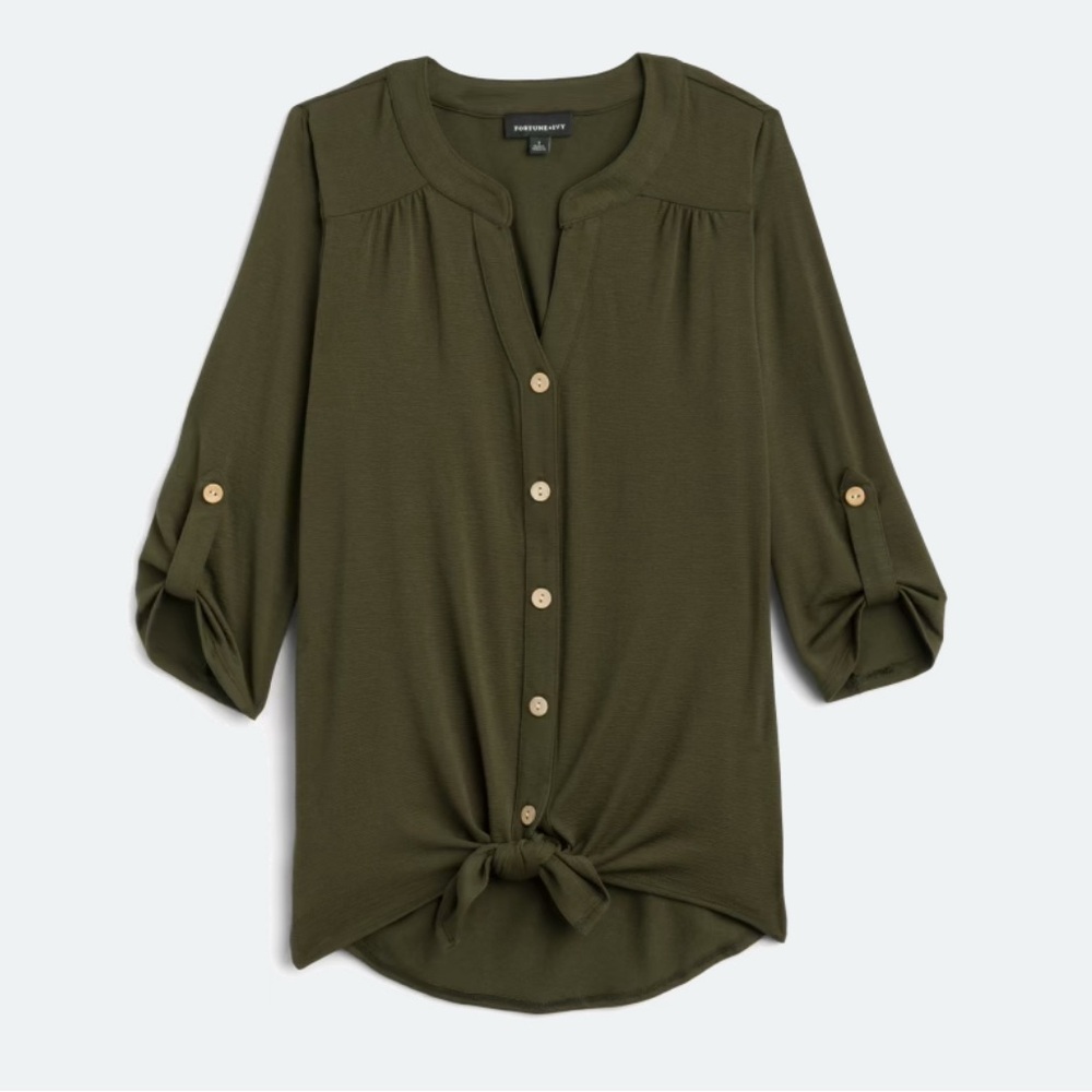 Olive Tie-Front Button-Down Women's Knit Shirt Top